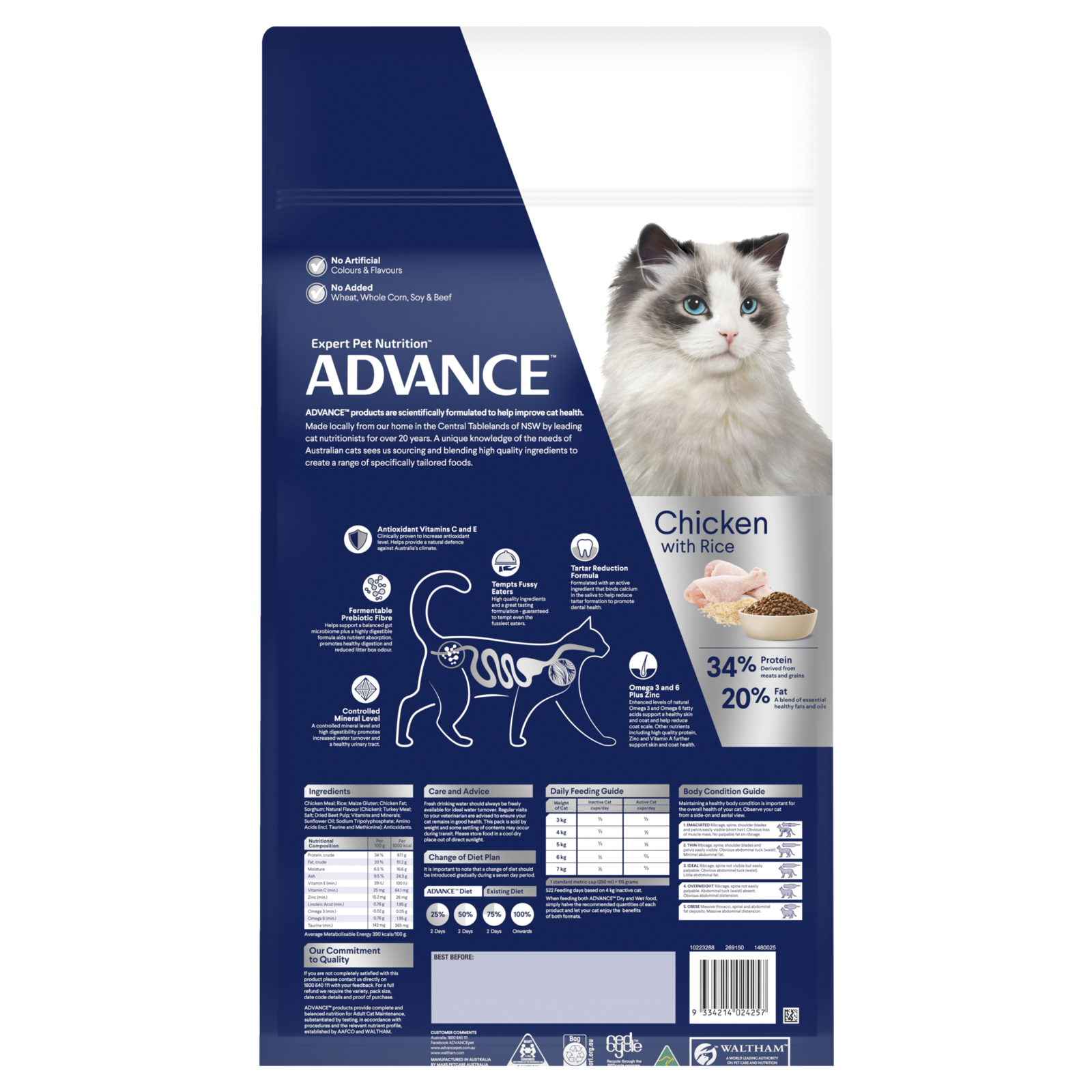 Advance Adult Total Wellbeing Dry Cat Food Chicken w Rice Bulk Bag 20kg