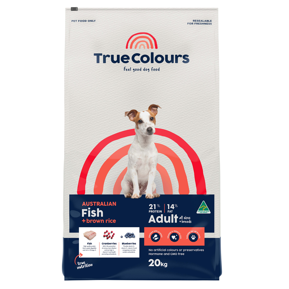 True Colours Adult All Sizes Breeds Dry Dog Food Fish Brown Rice 20kg