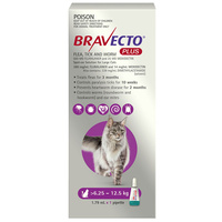 Bravecto Plus 3 Month Cat Spot On Tick & Flea Treatment 6.25-12.5kg Large Purple image