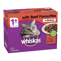Whiskas Adult 1+ Favourites Wet Cat Food Beef in Gravy Pouch 85g x12 image
