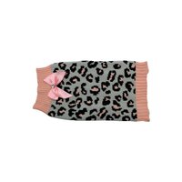 Zeez Knitted Dog Sweater w/ Bow Grey/Pink Leopard - 6 Sizes image