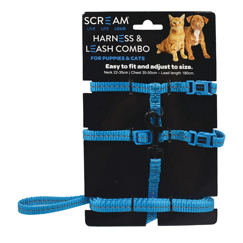 Scream Reflective Adjustable Harness & Leash Combo for Puppies & Cats Loud Blue