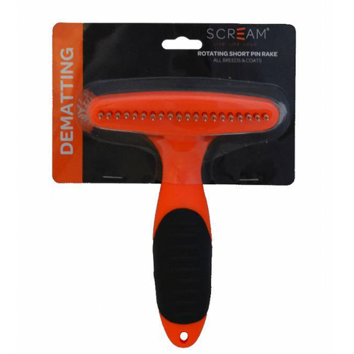 Scream Rotating Short Pin Rake for Dogs Loud Orange