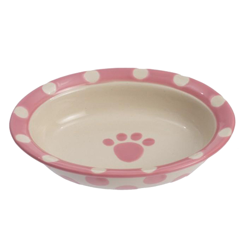 Petrageous Polka Ceramic Cat Pet Bowl Oval Pink 15cm