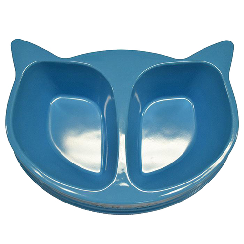 Scream Cat Face Heavy Duty Plastic Pet Double Bowl Loud Blue 350ml