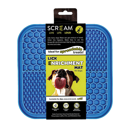 Scream Lick Enrichment Pet Dog Food Mat Non Skid Base Square Loud Blue