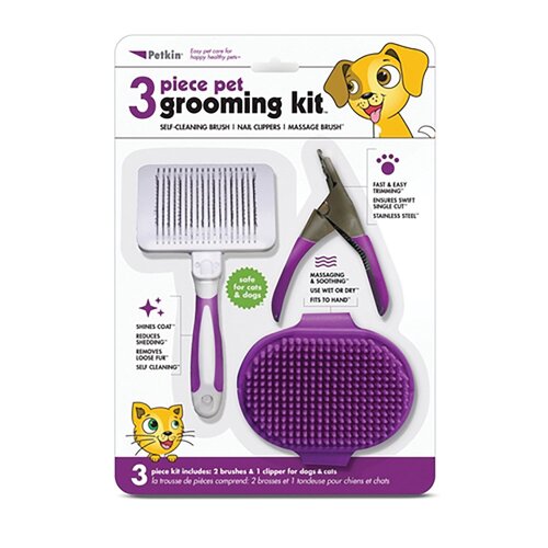 Petkin 3 Piece Pet Grooming Kit for Short or Long-Hair Cats & Dogs Purple