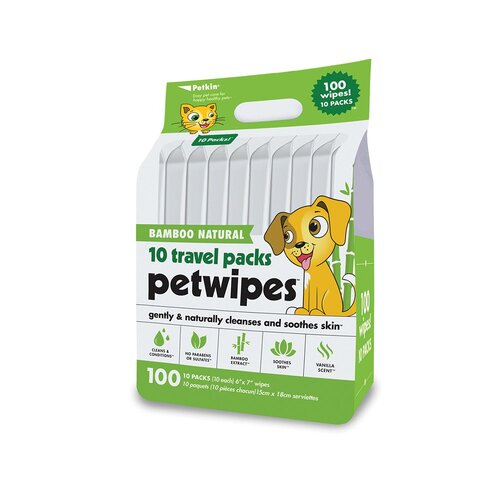 Petkin Pet Wipes Travel Pack Cleans Eyes Ears Face & Body Bamboo 100 Pack