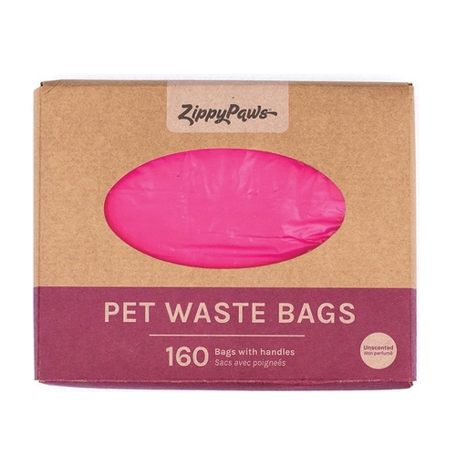 Zippy Paws Pet Waste Bags with Handles Unscented Pink 160 Pack