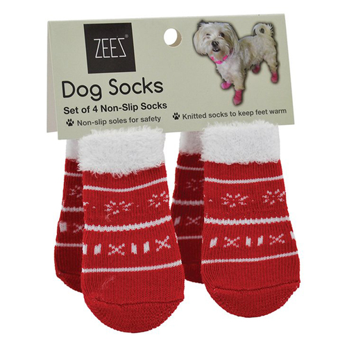 Zeez Non-Slip Dog Socks Cute Xmas Sweater Red/White Medium Set of 4