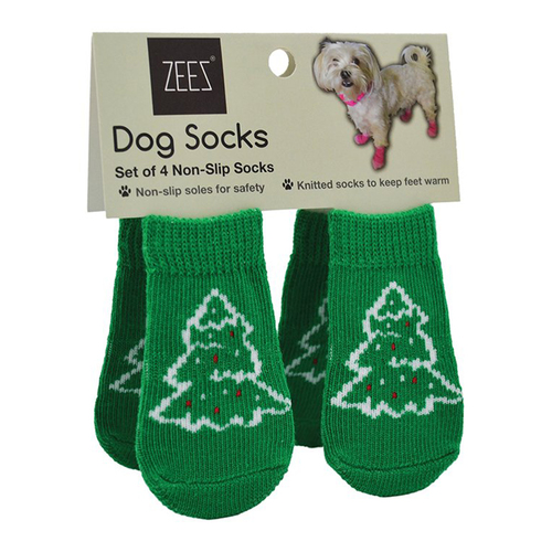 Zeez Non-Slip Sole Knitted Dog Socks Christmas Tree Green Small Set of 4