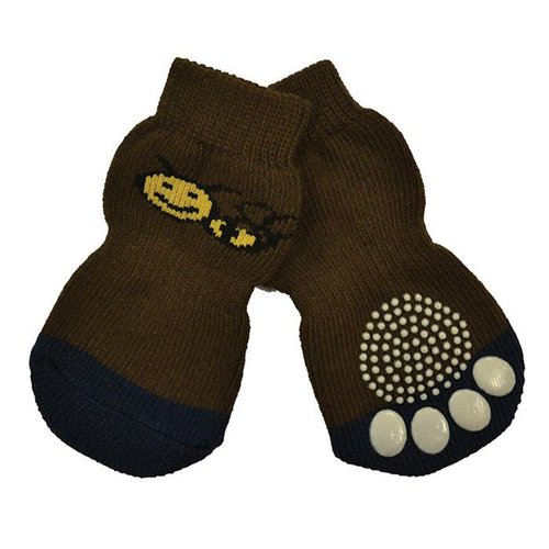 Zeez Non-Slip Knitted Pet Socks w/ Bee for Dogs Brown Small Set of 4