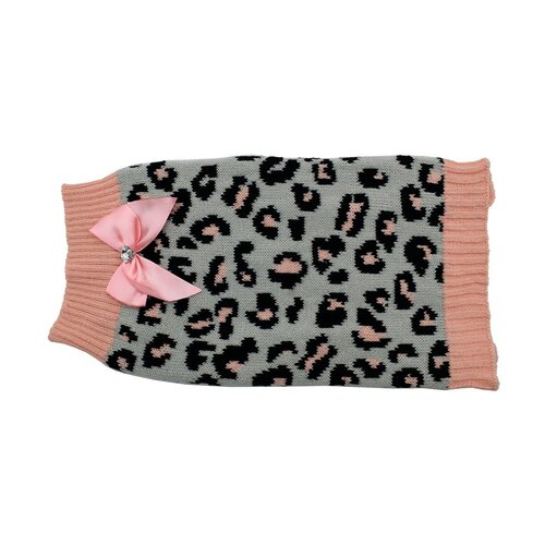 Zeez Knitted Dog Sweater w/ Bow Grey/Pink Leopard Large 39cm