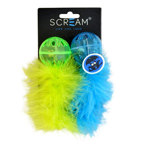 Scream Lattice Ball w/ Feather Cat Toy Loud Green & Blue 2 Pack