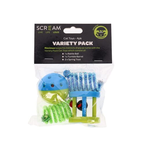 Scream Variety Pack Interactive Play Cat Toy Loud Blue & Green 4 Pack