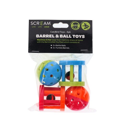 Scream Barrel & Ball Toy Pack Multicolour for Cats & Birds 4 Pack