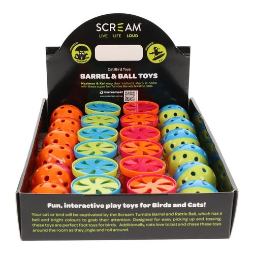 Scream Barrel & Ball Counter Display Toy Pack Multicolour Bird Toy 24 Pack