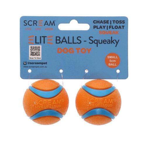 Scream Elite Ball Squeaky Dog Squeaker Toy Loud Orange & Blue Small 5cm 2pk