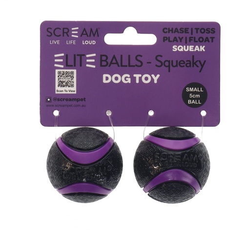 Scream Elite Ball Squeaky Dog Squeaker Toy Loud Black & Purple Small 5cm 2pk