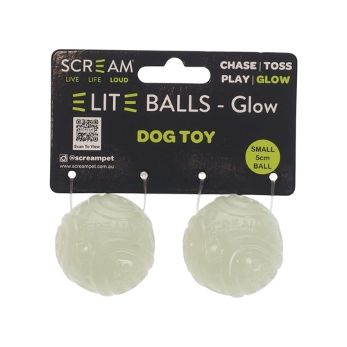 Scream Elite Ball Glow Interactive Play Durable Dog Toy Small 5cm 2pk