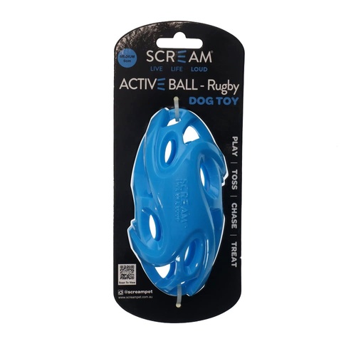 Scream Active Ball Rugby Interactive Play Dog Toy Loud Blue Medium 13.5 x 7cm