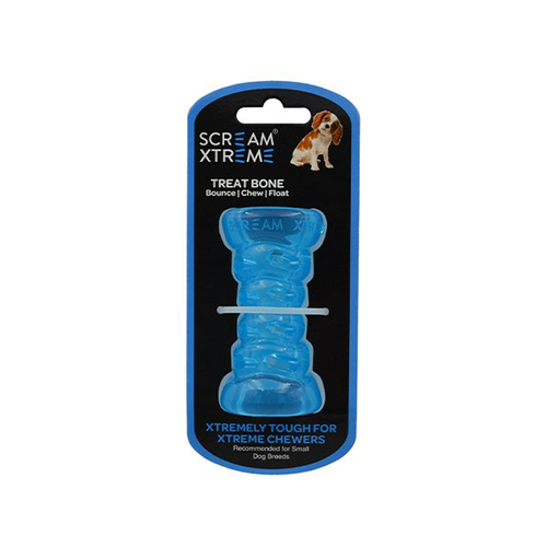 Scream Xtreme Treat Bone Treat Dispensing Dog Toy Loud Blue Small 9cm