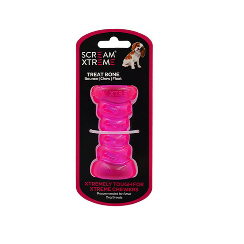 Scream Xtreme Treat Bone Treat Dispensing Dog Toy Loud Pink Small 9cm