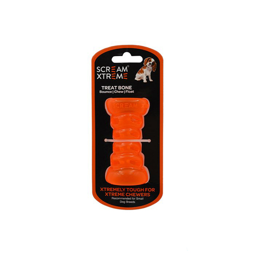 Scream Xtreme Treat Bone Treat Dispensing Dog Toy Loud Orange Small 9cm