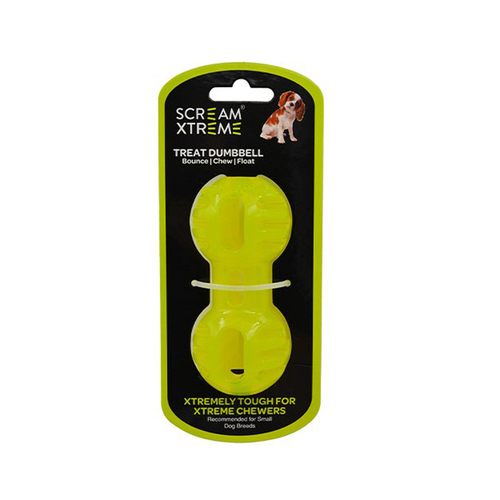 Scream Xtreme Treat Dumbbell Treat Dispensing Dog Toy Loud Green Small 11.5cm