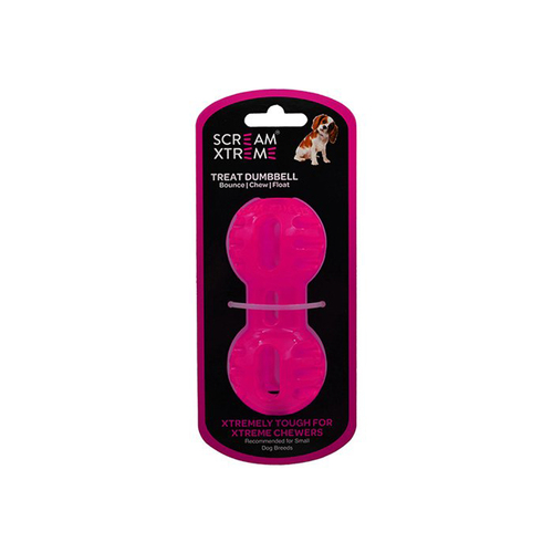 Scream Xtreme Treat Dumbbell Treat Dispensing Dog Toy Loud Pink Small 11.5cm