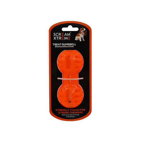 Scream Xtreme Treat Dumbbell Treat Dispensing Dog Toy Loud Orange Small 11.5cm