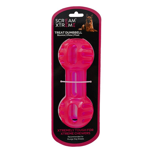 Scream Xtreme Treat Dumbbell Treat Dispensing Dog Toy Loud Pink XL 20cm