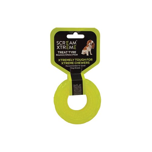Scream Xtreme Treat Tyre Dog Chew Toy Loud Green Small
