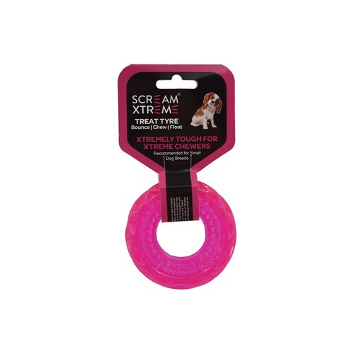 Scream Xtreme Treat Tyre Dog Chew Toy Loud Pink Small