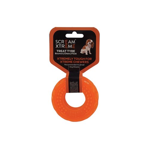 Scream Xtreme Treat Tyre Dog Chew Toy Loud Orange Small