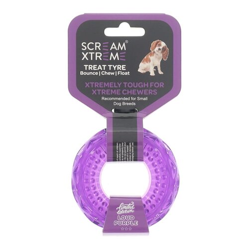 Scream Xtreme Treat Tyre Durable Dog Toy Loud Purple Small 9 x 3cm