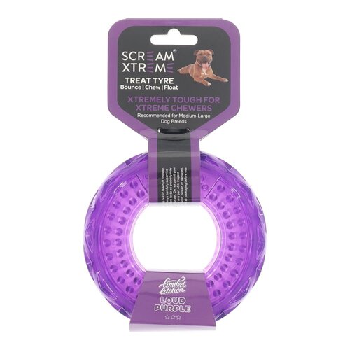 Scream Xtreme Treat Tyre Durable Dog Toy Loud Purple Medium/Large 13 x 4.5cm