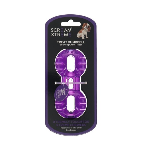 Scream Xtreme Treat Dumbbell Durable Pet Dog Toy Loud Purple Small 11.5cm