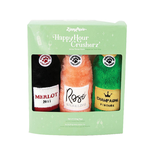 Zippy Paws Happy Hour Crusherz Wine Multi-Pack Pet Dog Squeaker Toy 3pk