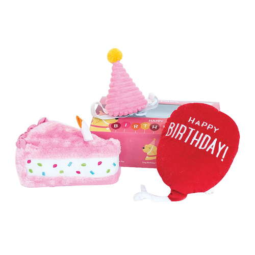 Zippy Paws Birthday Box Multi-Pack Plush Pet Dog Toy Pink 3 Pack