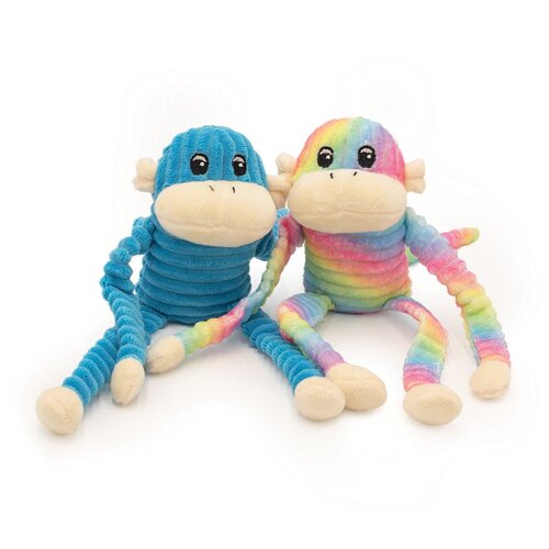 Zippy Paws Spencer The Crinkle Monkey Dog Squeaker Toy Rainbow & Blue Small 2pk