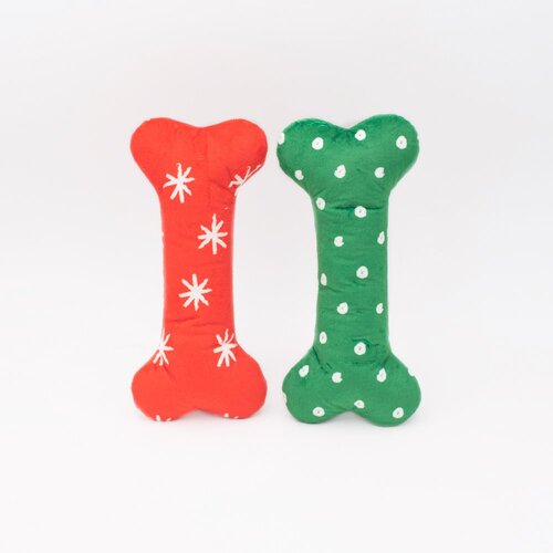 Zippy Paws Holiday Pattern Bones Plush Dog Squeaker Toy Large 2 Pack