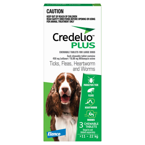 Credelio Ticks Fleas & Worms Treatment Chew Tabs for Dogs 11-22kg Green 3 Pack