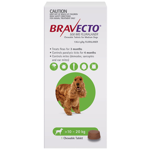 Bravecto Dog 3 Month Chew Tick & Flea Treatment for 10-20kg Medium Green