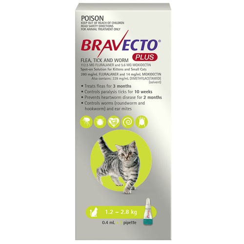 Bravecto Plus 3 Month Cat Spot On Tick & Flea Treatment 1.2-2.8kg Small Green