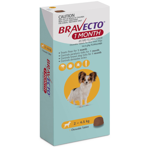 Bravecto Dog 1 Month Chew Tick & Flea Treatment 2.4-5kg Extra Small Yellow