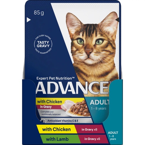 Advance Adult 1-8 Years Wet Cat Food with Chicken & Lamb in Gravy 12 x 85g