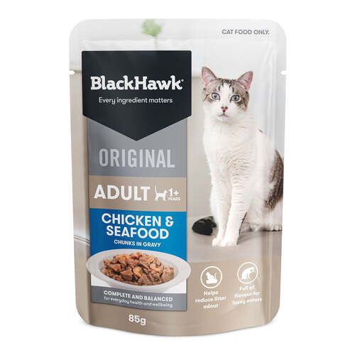 Black Hawk Adult 1+ Wet Cat Food Chicken & Seafood Chunks in Gravy 12 x 85g