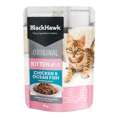 Black Hawk Kitten Up to 12 Months Wet Cat Food Chicken & Ocean Fish 12 x 85g