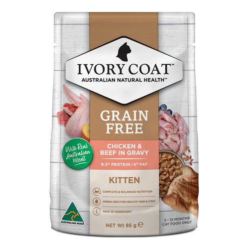 Ivory Coat Kitten Grain Free Wet Cat Food Chicken & Beef in Gravy 12 x 85g